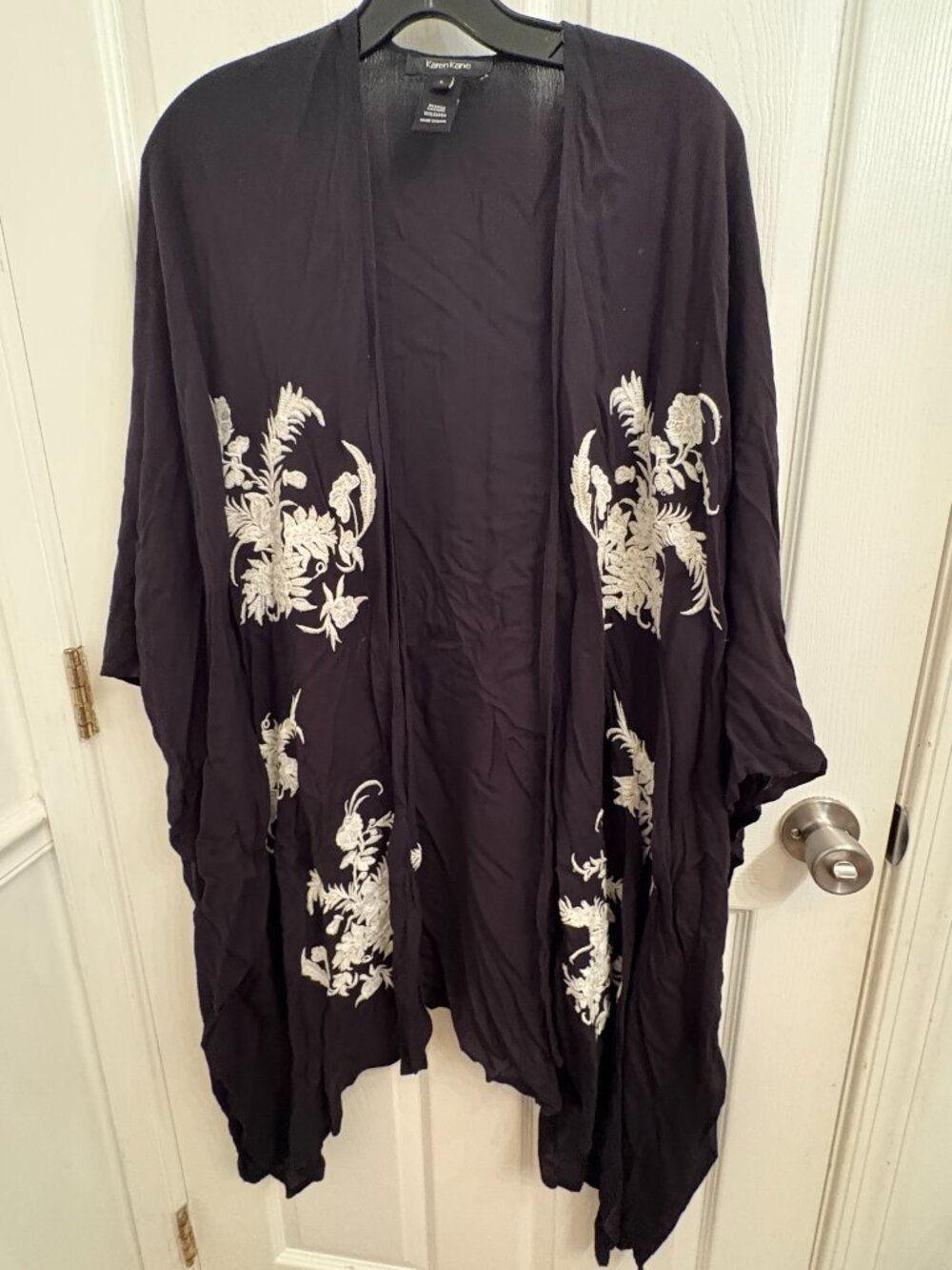 Karen Kane Open Front Long Black Kimono Cover‎ Up Embroidery Rayon sz S Oversize